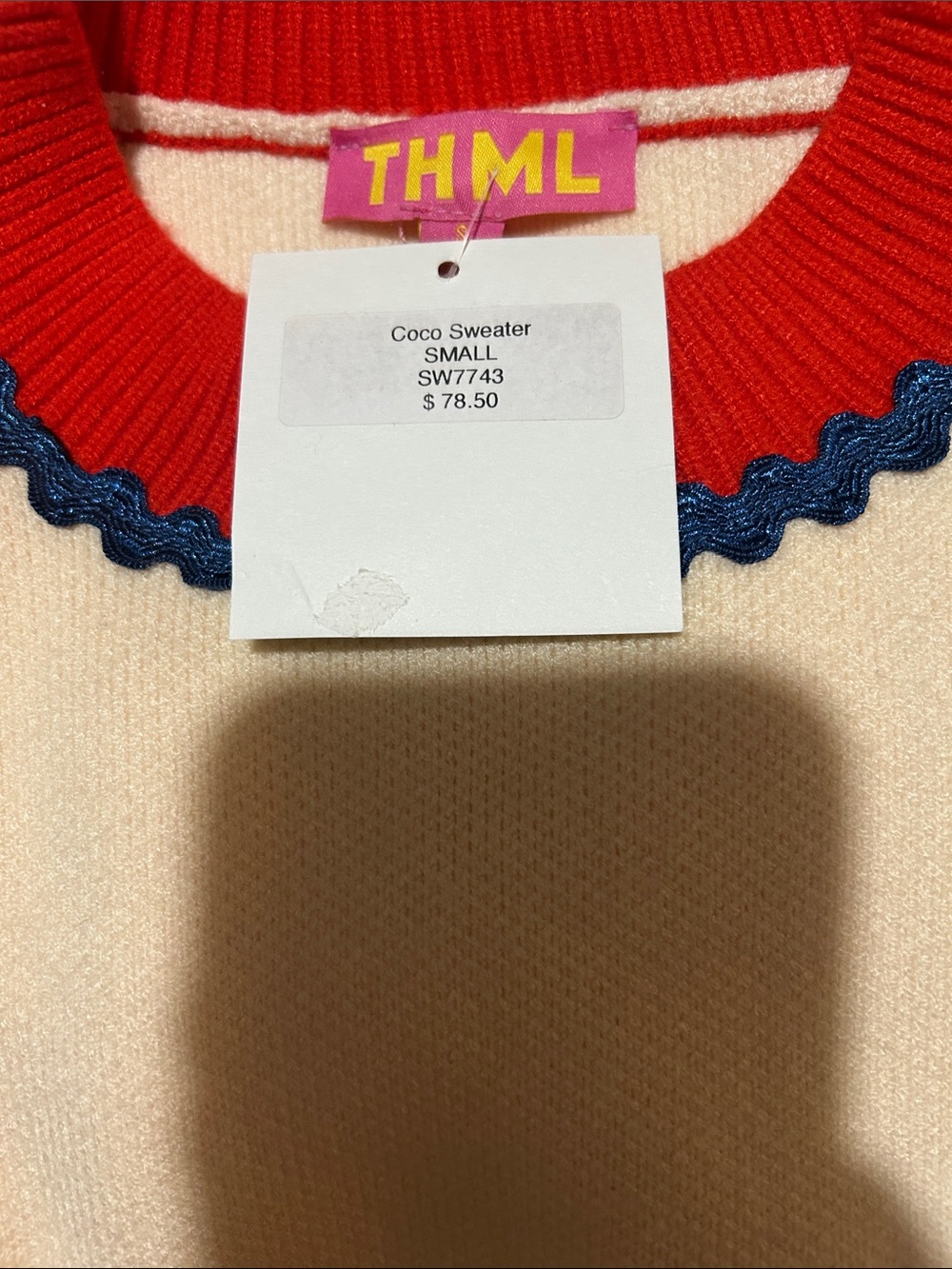 Cream Knit Sweater with Red & Blue Trim - Brand New - Picture 4 of 5